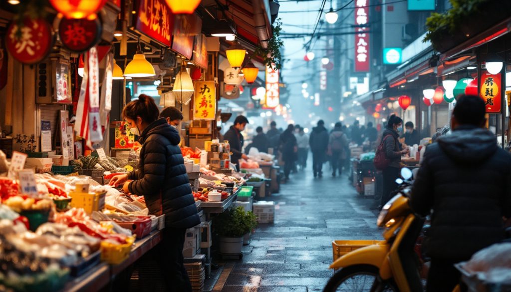A photograph of capture a vibrant scene of the bustling tsukiji market