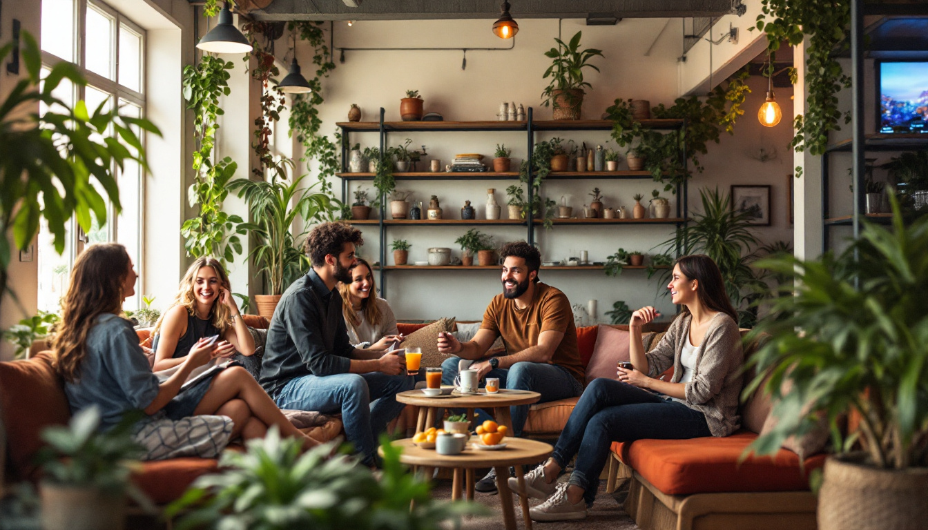 A photograph of a vibrant hostel common area filled with diverse travelers engaging in conversation