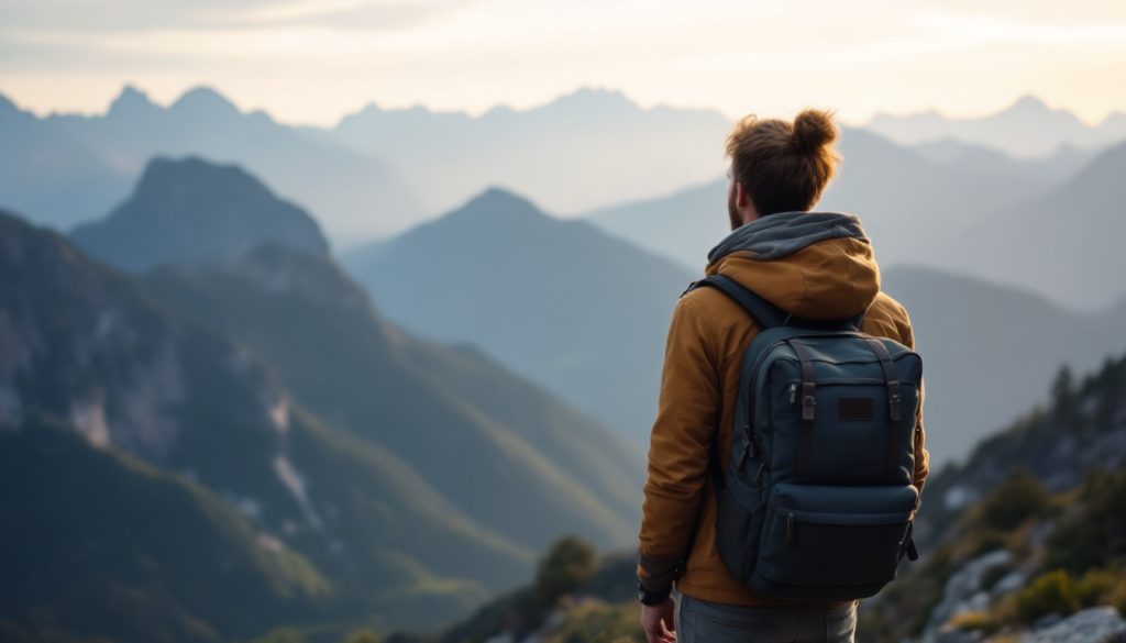 A photograph of a lone traveler standing on a scenic mountain overlook