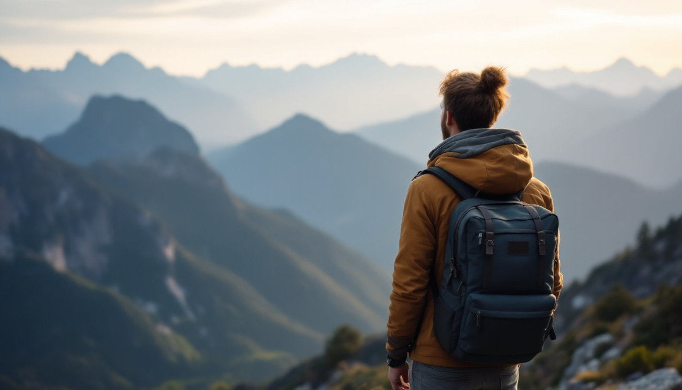 A photograph of a lone traveler standing on a scenic mountain overlook