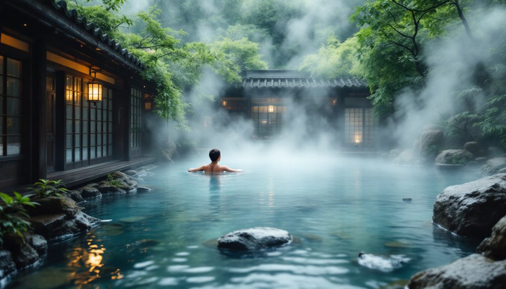 A photograph of a serene onsen landscape