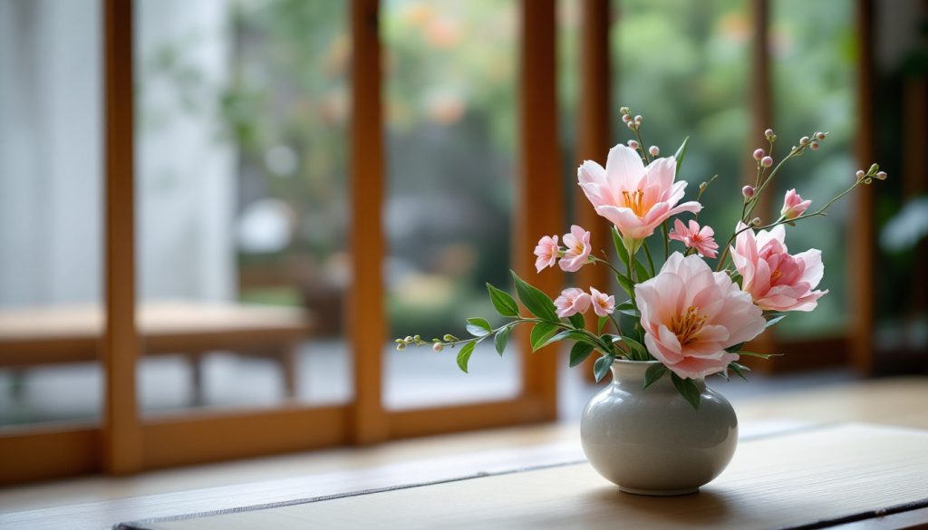 A photograph of a serene ikebana arrangement set against a traditional japanese backdrop